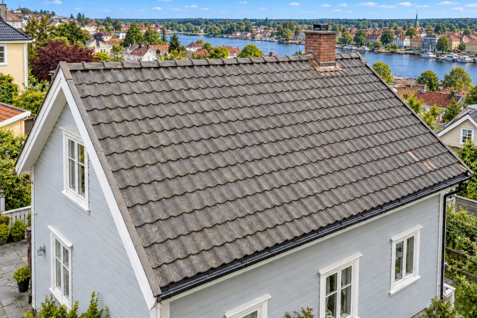 Rengjorte grå betongtakstein med eldre overflate bevart.