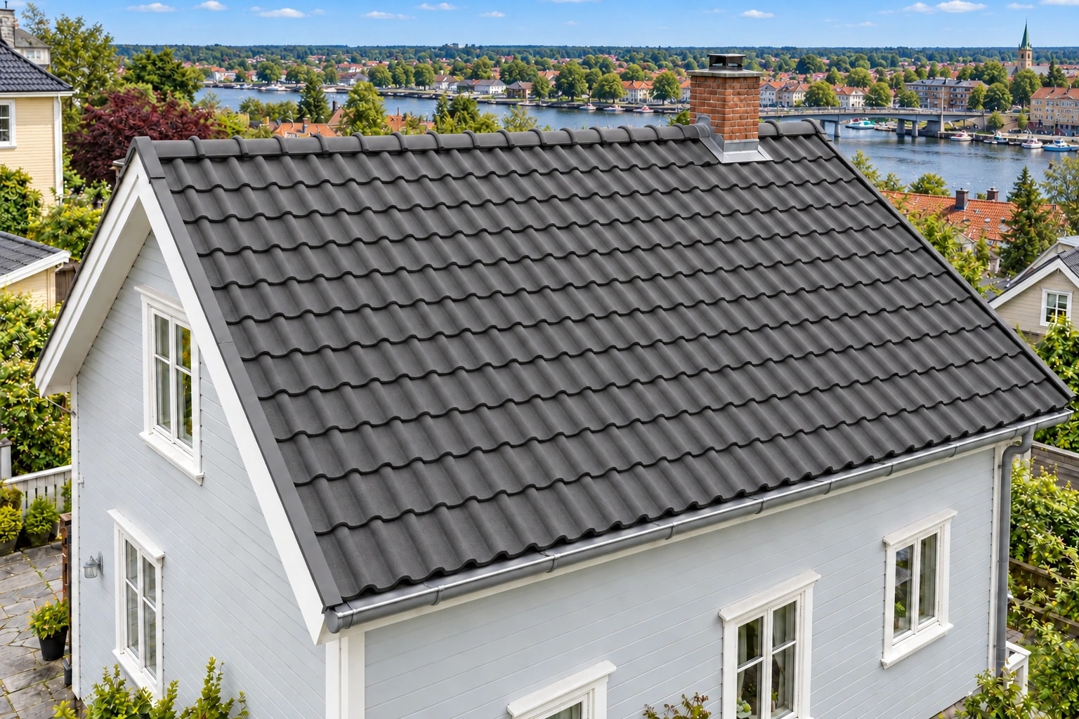 Illustrasjon av huset med ny takstein og nye beslag